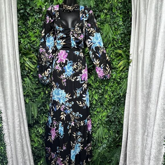 FOURTEENTH PLACE Dress Women Small Black Floral‎ Maxi V Neck Ruffles Boho 2368 - Picture 5 of 9